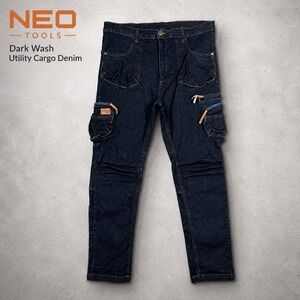 NEO Tools Denim Work Trousers Mens XXL‎ 36x31 8 Pocket Dark Wash Cargo Stretch